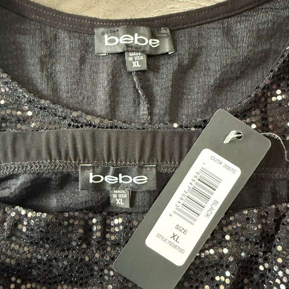 Bebe 2 piece Black Sequin set-cropped short sleeve Top and midi skirt Size XL - Picture 10 of 12